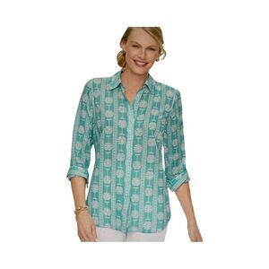 TALBOTS PALM PRINT SHIRT. AQUA.